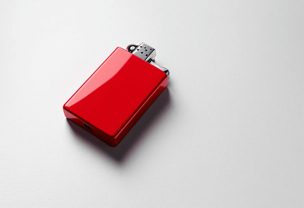 Briquet rouge brillant sur fond gris.